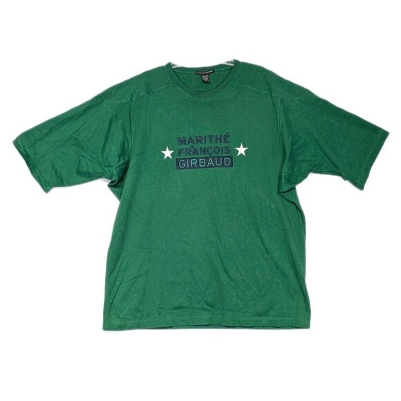 Vintage Marithe Francois Girbaud T Shirt Size L Green Embroidered Spellout Stars - Picture 1 of 15